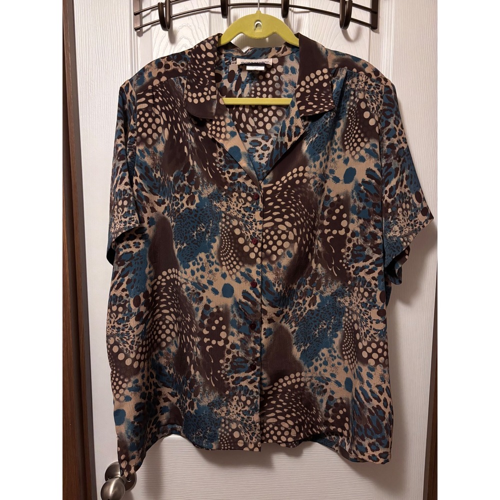 Donnkenny Woman Abstract Animal Dot Print Button Down Blouse Blue Brown 3X